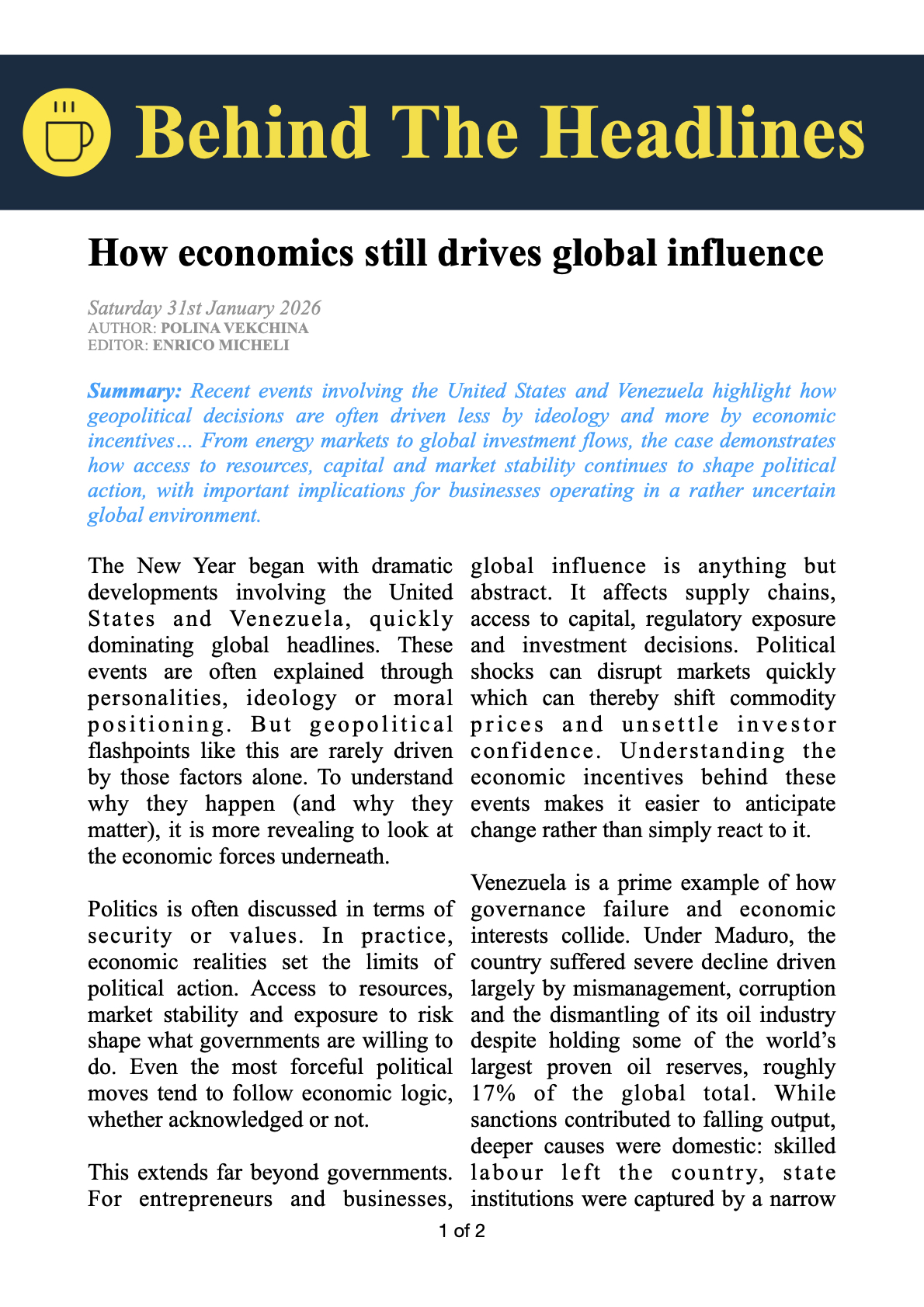 Page 1 of Behind The Headlines - 1st Edition